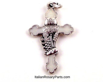White Enamel Holy Communion Cross 1-1/2 Inch Wheat, Grapes, Eucharist| Italian Rosary Parts