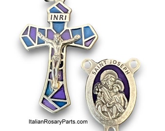 Italian Rosary Medal Set Stained Glass Style Crucifix w Saint Joseph Centerpiece | Italian Rosary Parts