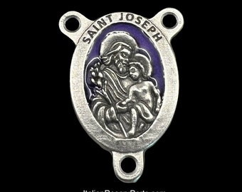 Saint Joseph w Baby Jesus Purple Enamel Background Oval Rosary Center Medal | Italian Rosary Parts