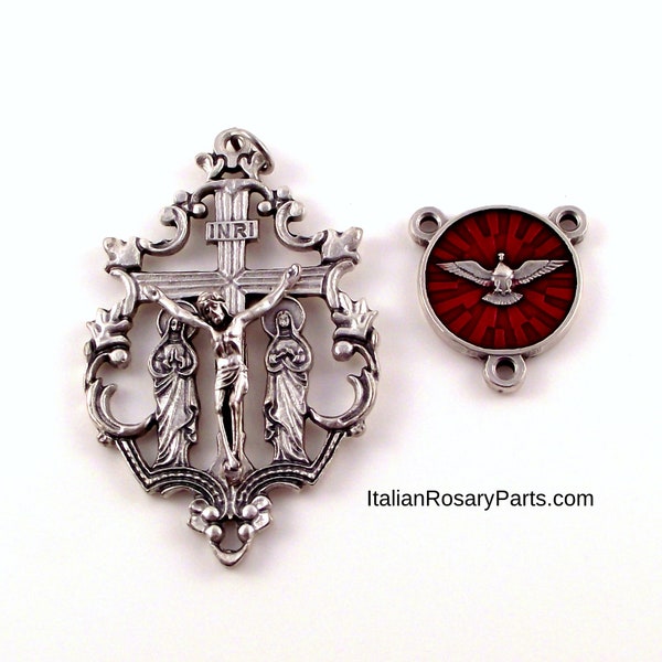 Holy Spirit Red Rosary Center w Gifts Listed on Back with Virgin Mary and Mary Magdalene Crucifix and Center Set | Italian Rosary Parts