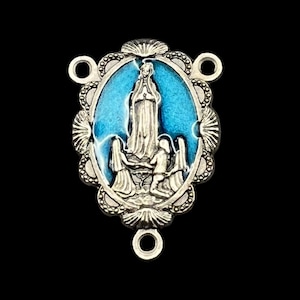 Virgin of Fatima Blue Enamel Rosary Center Medal In Scalloped Frame | Italian Rosary Parts