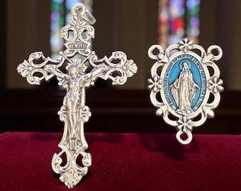 Rosary Medal Set:  Fleur-di-Lis Crucifix and Blue Enamel Miraculous Medal Center, Silver, Italian Made