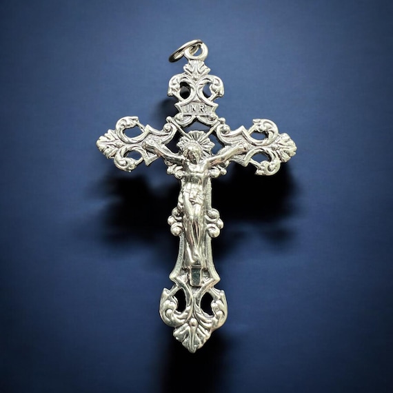 Catholic Rosary Crucifix: Intricate Silver Fleur-de-Lis Design, Italian Made