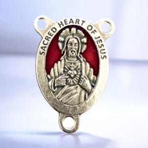 Sacred Heart of Jesus Rosary Centerpiece | Red and Silver | Catholic Rosary Parts | Italian Rosary Parts