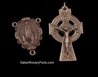 Rosary Center and Crucifix Set Bronze Shell Frame Fatima with Irish Celtic Crucifix | Italian Rosary Parts