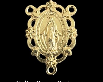 Miraculous Medal Virgin Mary Gold Tone Rosary Center Set In Frame of Flowers | Italian Rosary Parts