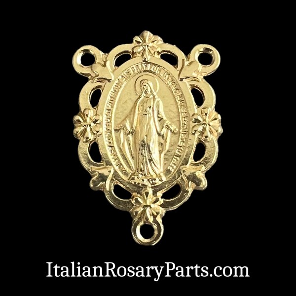 Miraculous Medal Virgin Mary Gold Tone Rosary Center Set In Frame of Flowers | Italian Rosary Parts