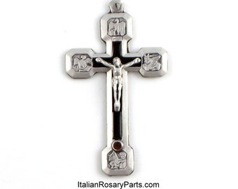 Via Crucis Stations of The Cross Black Enamel Rosary Crucifix w Four Evangelists and Relic Roman Catacomb Soil | Italian Rosary Parts