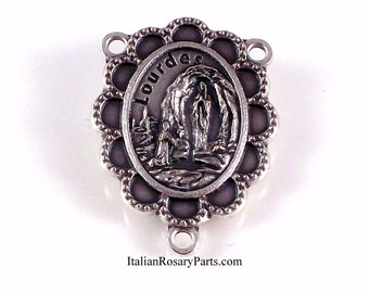 Virgin of Lourdes Framed Lace Rosary Center Medal | Italian Rosary Parts