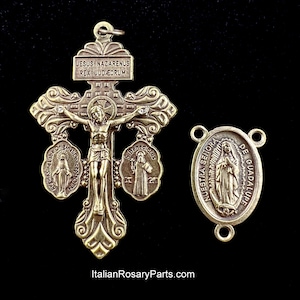 Bronze Italian Rosary Medal Set Virgin of Guadalupe w Triple Threat Pardon Crucifix | Italian Rosary Parts