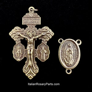 Bronze Italienischer Rosenkranz Medaille Set Jungfrau von Guadalupe w Dreifache Bedrohung Verzeihung Kruzifix | Italienische Rosenkranz-Teile