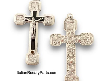 Via Crucis Stations of The Cross Black Enamel Rosary Crucifix w Four Evangelists and Relic Roman Catacomb Soil | Italian Rosary Parts