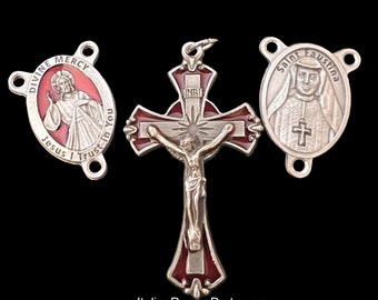 Divine Mercy of Jesus Saint Faustina Red Enamel Rosary Crucifix and Center Set | Italian Rosary Parts