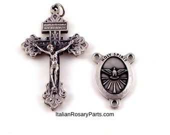 Italian Holy Spirit Oval Rosary Center and Pardon Crucifix Medal Set | Italian Rosary Parts