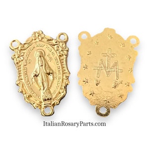 Gold Miraculous Medal Rosary Center Flower and Scroll Shield | Italian Rosary Parts