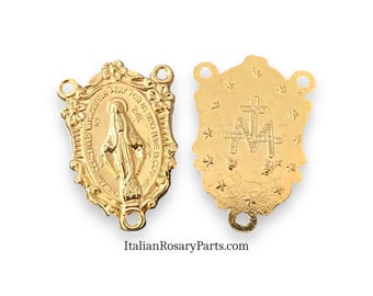 Gold Miraculous Medal Rosary Center Flower and Scroll Shield | Italian Rosary Parts