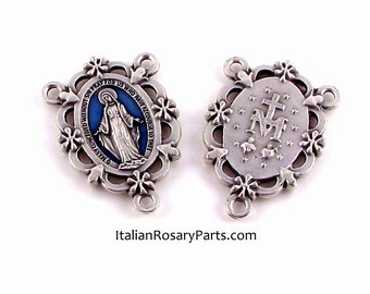 Miraculous Medal Rosary Center Set In Frame of Flowers w Blue Enamel Background | Italian Rosary Parts