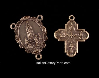 Bronze Rosary Medal Set 4 Way Cross w Our Lady of Fatima | Italian Rosary Parts