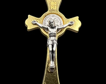 St Benedict Italian Rosary Crucifix Gold Tone with Silver Tone Corpus| Italian Rosary Parts