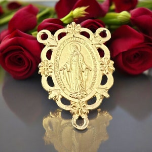 Miraculous Medal Virgin Mary Gold Tone Rosary Center Set In Frame of Flowers | Italian Rosary Parts