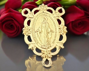 Miraculous Medal Rosary Center: Gold Tone Virgin Mary, Floral Frame