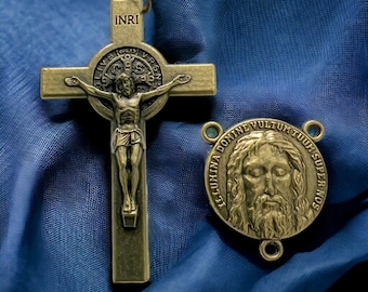 Bronze Italian Rosary Medal Set Holy Face of Jesus with Saint Benedict Crucifix | Italian Rosary Parts