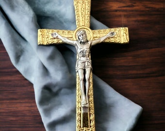 Gold Modern Style Rosary Crucifix w Intricate Border and Angels on Crossbar | Italian Rosary Parts Religious Supply