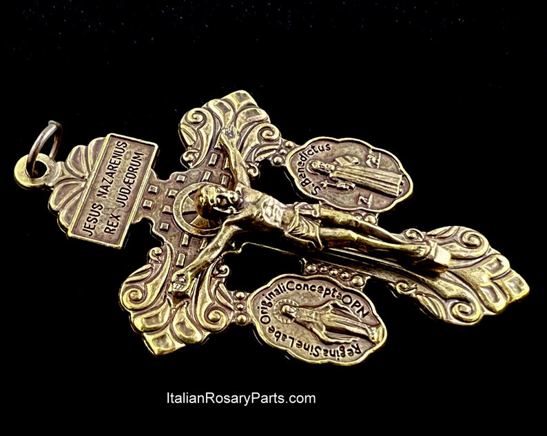 Bronze 3-Way Pardon Crucifix w Miraculous and Saint Benedict Crossbar Medals Triple Threat Italian Crucifix Italian Rosary Parts image 5