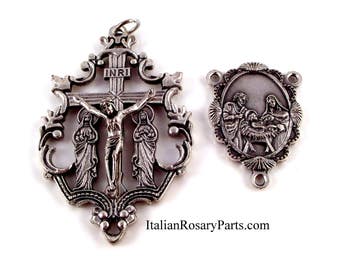 Holy Family Rosary Medal w Virgin Mary and Mary Magdalene Crucifix and Center Set | Italian Rosary Parts