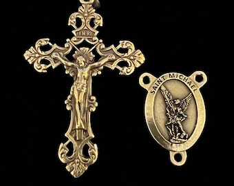 Bronze Rosary Parts Set: Saint Michael Medal, Fleur-de-Lis Crucifix - Italy