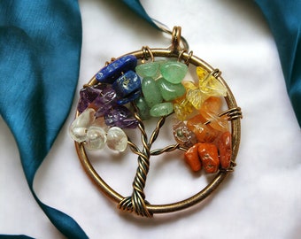 Tree of Life Semi Precious Gemstone Pendant, Charm, Rainbow Gems