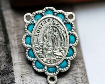 Virgin of Lourdes Framed Petal Rosary Center With Turquoise Enamel Accents Medal | Italian Rosary Parts