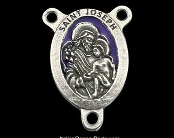 Saint Joseph w Baby Jesus Purple Background Premium Oval Rosary Center Medal | Italian Rosary Parts