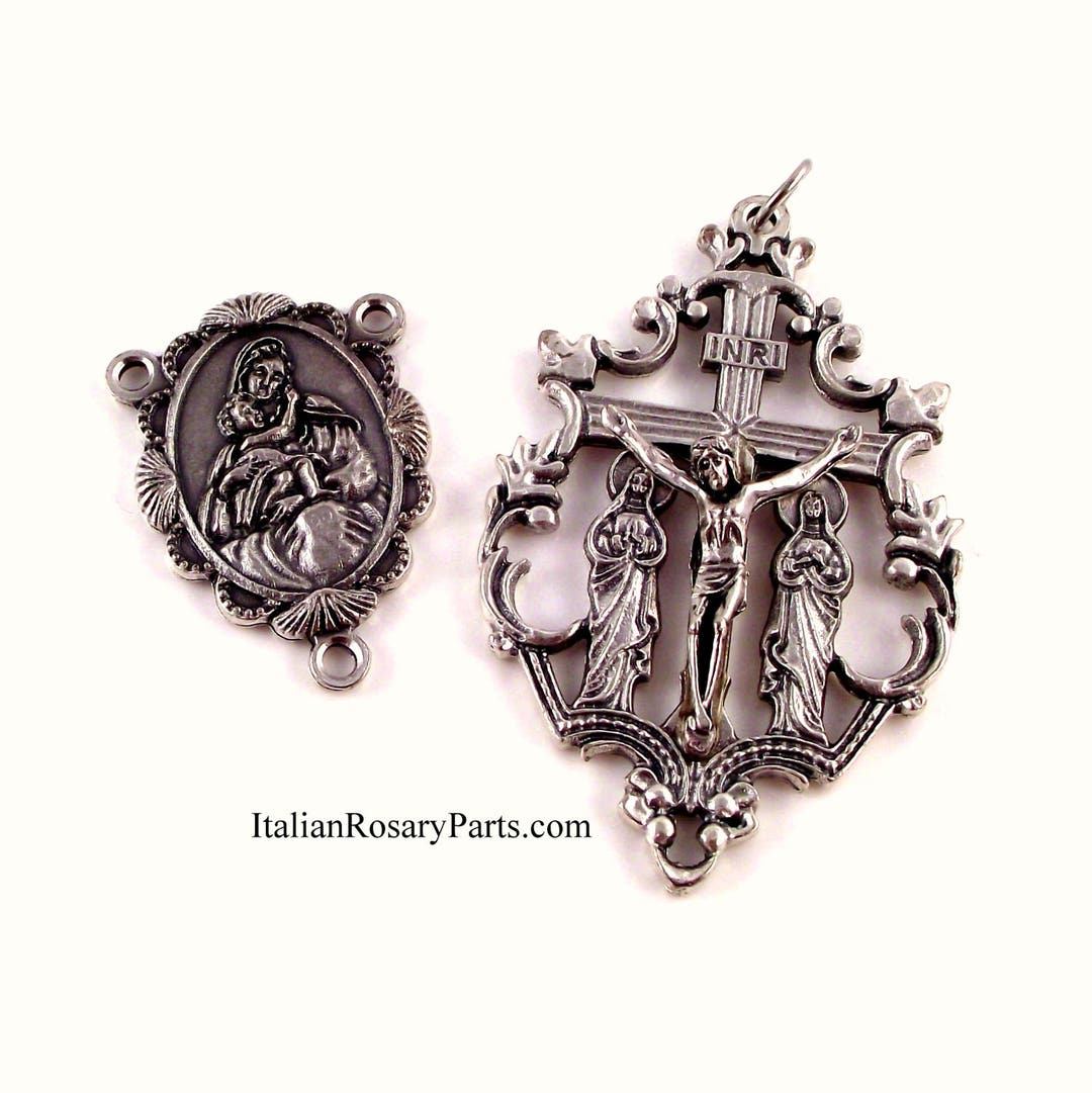 Catholic Rosary Parts Ornate Italian Crucifix Virgin Mary and Baby