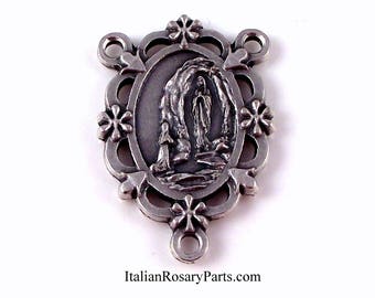 Lourdes Deluxe Rosary Center Set In Frame of Flowers | Italian Rosary Parts