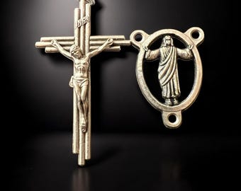 Rosary Medal Set Risen Christ w Modern Bar Crucifix | Italian Rosary Parts