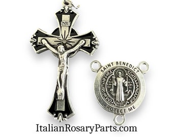 Saint Benedict Protect Us Black Enamel Rosary Crucifix and Center Set | Italian Rosary Parts