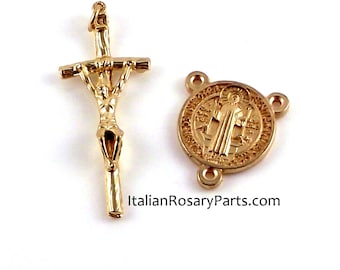 St Benedict Gold Tone Rosary Center and Pope John Paul II Crucifix and Medal Set | Italian Rosary Parts