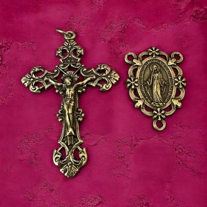 Catholic Rosary Parts | Bronze Rosary Center and Crucifix Set | Miraculous Medal with Fleur-de-Lis Crucifix | Italian Rosary Parts