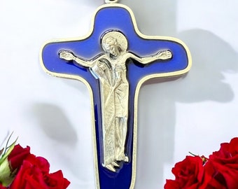 Blue Enamel Comfort Crucifix: Virgin Mary & Christ, Made in Italy