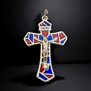 Stained Glass Style Rosary Crucifix Pendant From Italy Red and Blue | Italian Rosary Parts