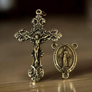 Bronze Rosary Part Set | Fleur De Lis Crucifix & Miraculous Medal