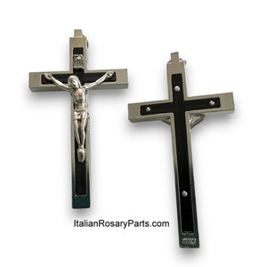 Habit Rosary Crucifix 3-1/2 Inches, Black Inlaid, For Clergy, Metal Bound Rosary Crucifix | Italian Rosary Parts Religious Supply