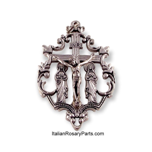 Large Ornate Rosary Crucifix With Virgin Mary and Mary Magdalene At Foot of Cross | Italian Rosary Parts