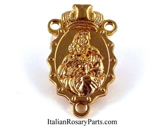 Madonna and Baby Jesus Oval Crested Gold ToneRosary Center Medal | Italian Rosary Parts