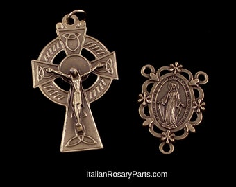 Rosary Center and Crucifix Set Bronze Framed Miraculous Medal with Irish Celtic Crucifix | Italian Rosary Parts