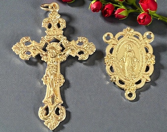 Fleur de Lis Rosary Crucifix & Miraculous Medal | Gold Finish, Made In Italy