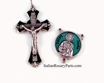 Saint Jude Rosary Medal Set Green and Black Enamel  | Italian Rosary Parts