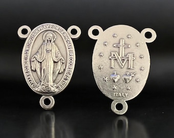 Miraculous Medal Rosary Centerpiece: Virgin Mary, Italian Silver Finish