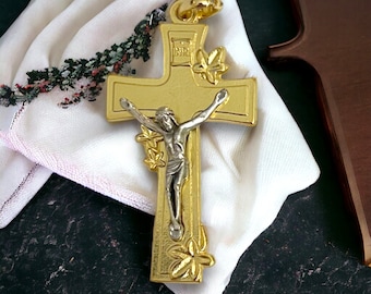 Gold Italian Rosary Crucifix, Double Sided Lily Design w Silver Corpus | Italian Rosary Parts